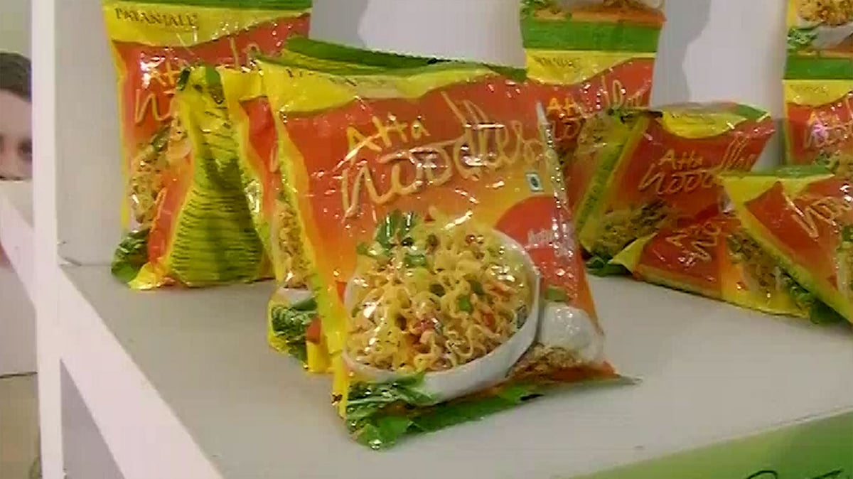 Atta noodles by Baba Ramdev’s Patanjali Ayurved. (Photo: ANI screengrab)