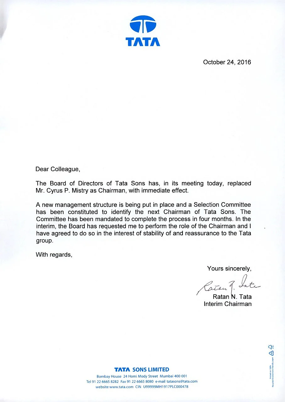 Ratan Tata’s Letter To Employees After Cyrus Mistry Replaced
