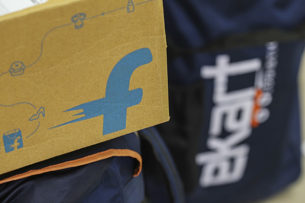 The logo of Flipkart Online Services Pvt is seen on the side of a package at the company’s office in Bengaluru, India. (Photograph: Dhiraj Singh/Bloomberg)