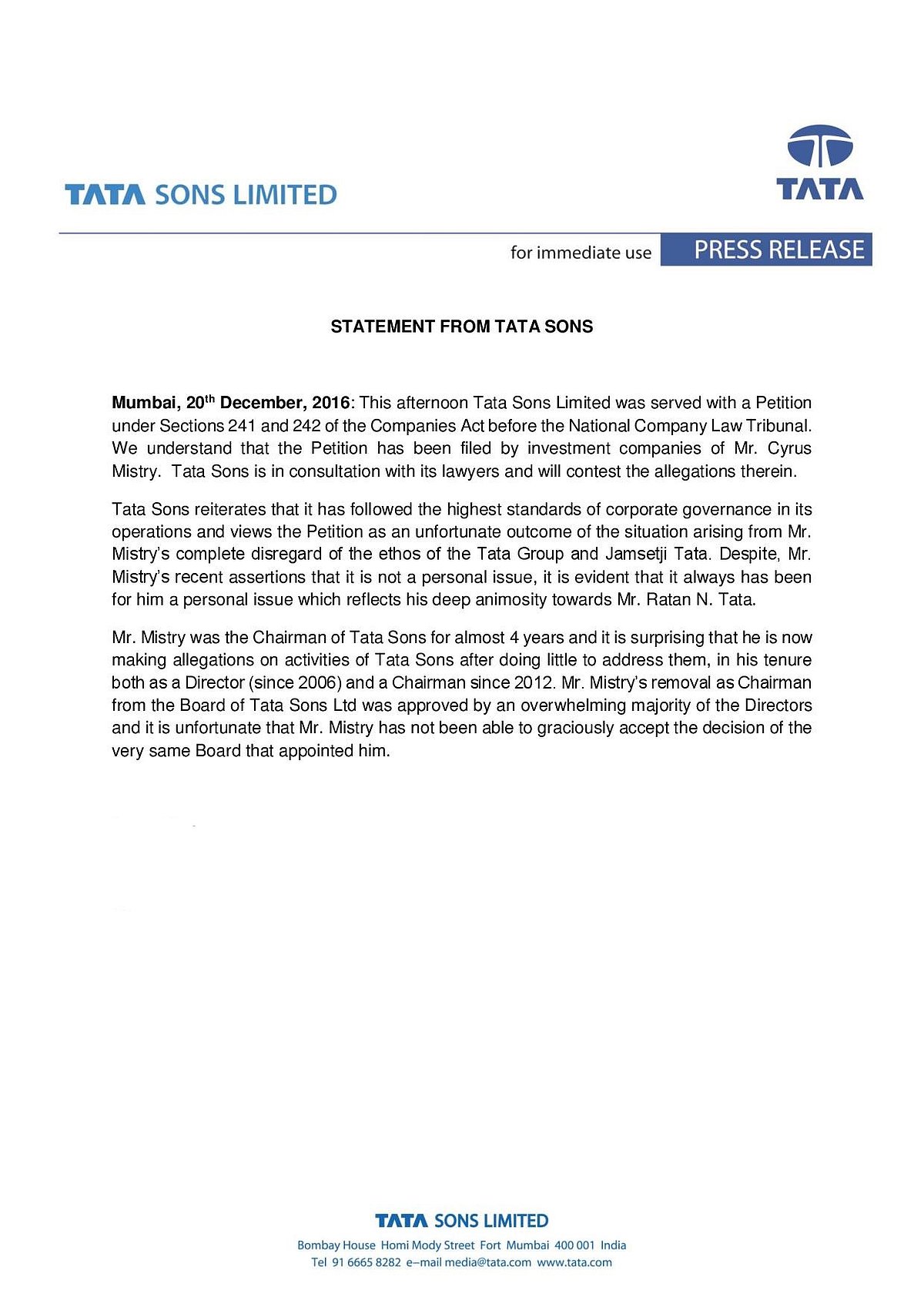 Cyrus Mistry Fires First Legal Salvo At Tata Sons