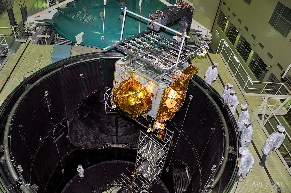 IRNSS-1G being loaded into Large Space Simulation Chamber (LSSC) for thermal vacuum test. (Image source: ISRO website)