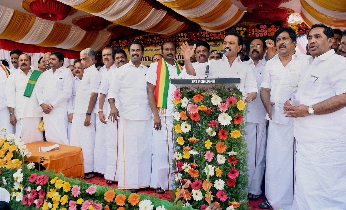 

DMK Treasurer MK Stalin addresses during a protest to organise Jallikattu, a banned sport at Alanganallur in Madurai on Tuesday (Source: PTI)