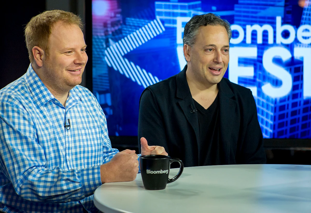 Zenefits Co-Founder Parket Conrad (left) and former CEO David Sacks, during an interview with Bloomberg in 2014. (Photographer: David Paul Morris/Bloomberg)