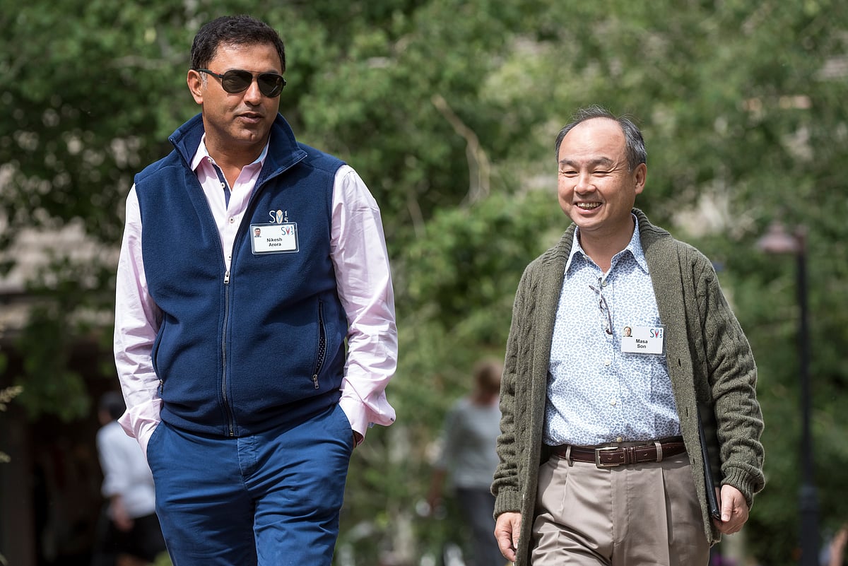File photo of Nikesh Arora and Masayoshi Son in Sun Valley, Idaho, U.S. (Photographer: David Paul Morris/Bloomberg)