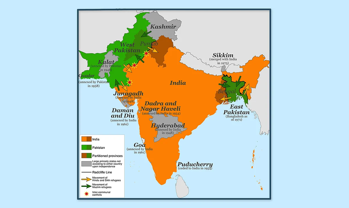 A map showing the Radcliffe Line across Punjab, and the movement of refugees at the time of the partition of the Indian Subcontinent in 1947. (Image: Wikimedia Commons)