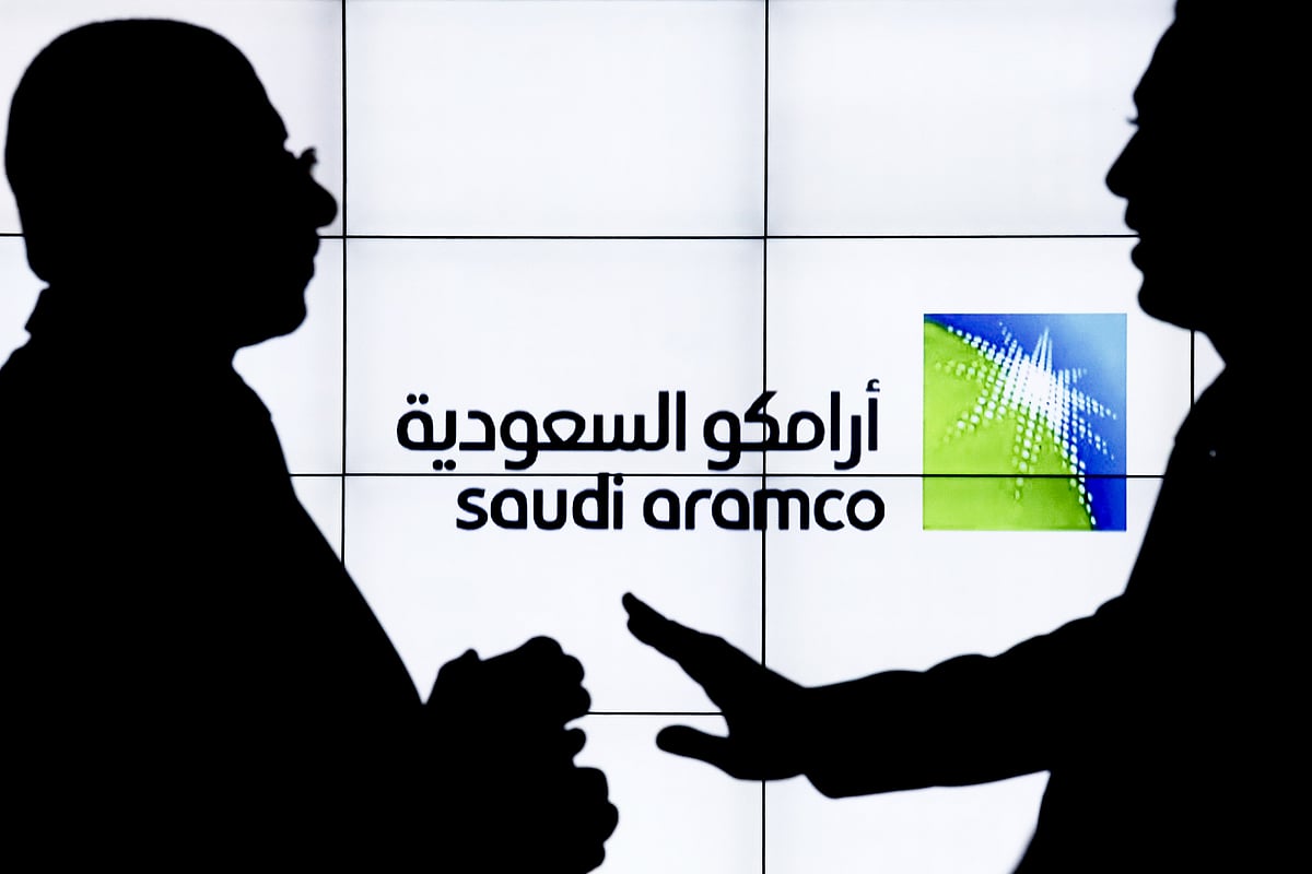 An Aramco logo sits on an electronic display during the 22nd World Petroleum Congress in Istanbul, Turkey, on July 12, 2017. (Photographer: Kostas Tsironis/Bloomberg)