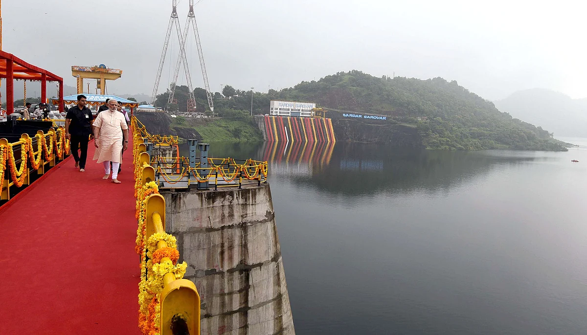 Prime Minister Narendra Modi at the Sardar Sarovar Dam, in Gujarat on September 17, 2017. (Photograph: PIB)