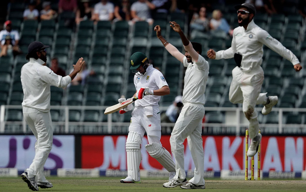 South Africa’s batsman AB de Villiers, second from left, leaves the field as India’s players celebrates his dismissal on the fourth day of the third cricket test match between South Africa and India at the Wanderers Stadium in Johannesburg, South Africa, on January 27, 2018. (Photograph: AP/PTI)