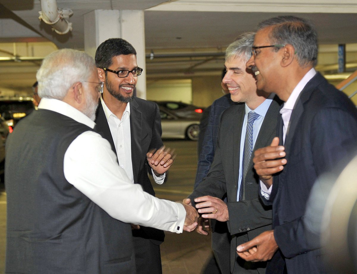 Prime Minister Narendra Modi meets Google co-founder Larry page, and CEO Sundar Pichai, at the Google-Alphabet campus, in Silicon Valley, California on September 27, 2015. (Photograph: PIB)<a href="https://www.facebook.com/sharer/sharer.php?u=http://pibphoto.nic.in/photo//2015/Sep/l2015092871326.jpg"><i><br></i></a>