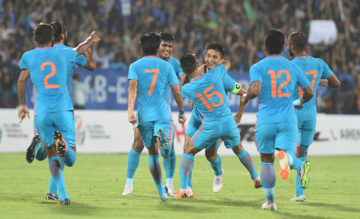 Udanta Singh greets India skipper Sunil Chhetri after he scored the first goal against Kenya in the Hero International Cup football finals, in Mumbai on Sunday. (Source: PTI)