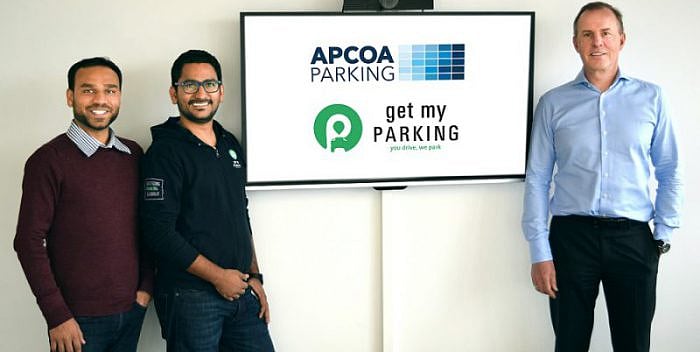 The Founders of Get My Parking Rasik Pansare and  Chirag Jain with Philippe Op de Beeck from APCOA.