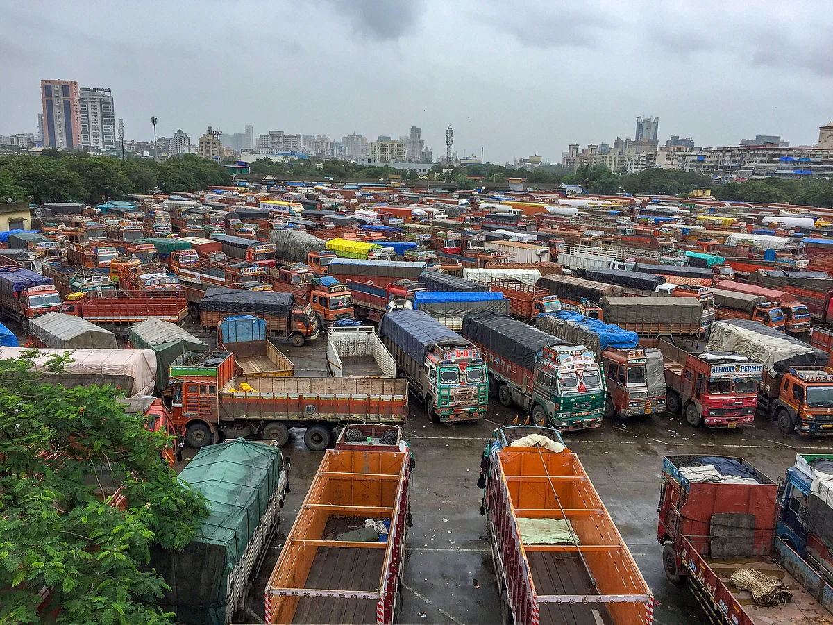 Trucks parked at APMC truck terminal (Photograph: PTI)