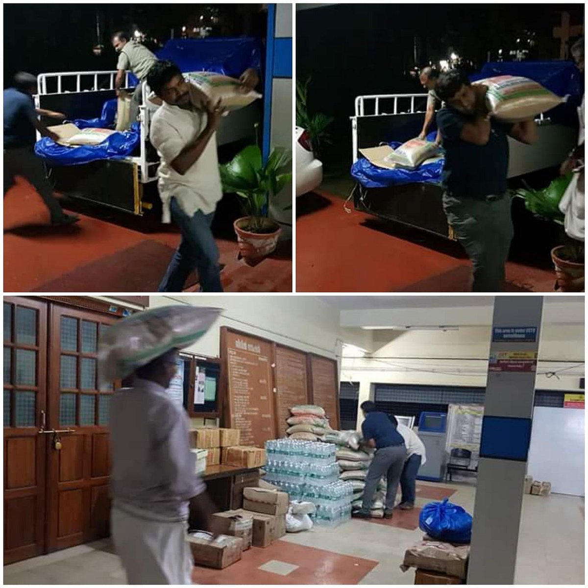 G Rajamanikyam IAS &amp; NSK Umesh IAS Sub-Collector, Wayanad unloading rice bags at Collectorate, Wayanad for distribution to Relief Camps. (Photograph: <a href="https://twitter.com/IASassociation/status/1029286761506074624">IAS Association</a>)