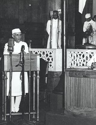 Jawaharlal Nehru making his ‘Tryst with Destiny’ speech at the Midnight Session of Parliament, on August 15, 1947. (Photograph: NMML)