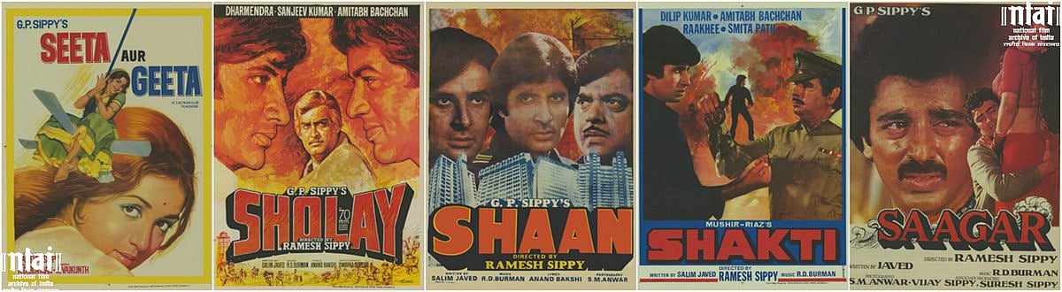Posters of Amitabh Bachchan movies Sholay, Shaan, Shakti, among others. (Photograph: Twitter/<a href="https://twitter.com/NFAIOfficial">NFAI</a>)