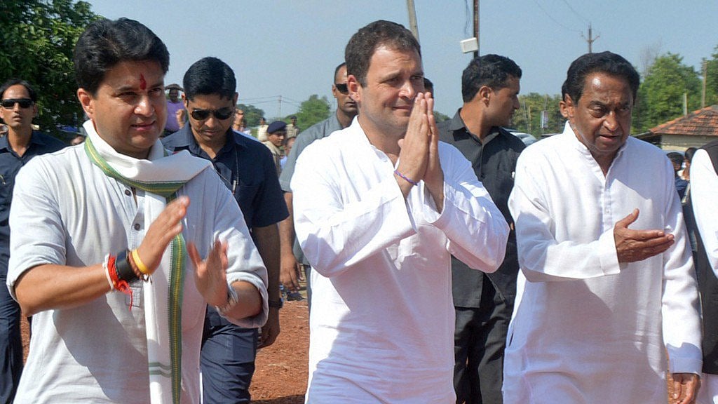 President Rahul Gandhi with Jyotiraditya Scindia and Kamal Nath in Rewa, Madhya Pradesh, on September 28, 2018. (Photograph: PTI)