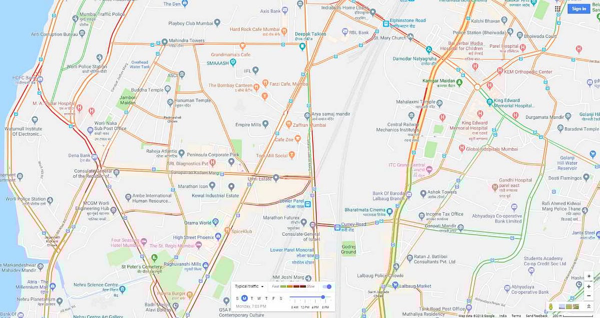 Map of Lower Parel, red lines indicate traffic congestion