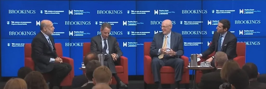 Former U.S. Fed chairman Ben Bernanke, Former U.S. Treasury Secretaries Timothy Geithner and Henry Paulson, with Andrew Ross Sorkin of The New York Times, at a Brookings event on Sept. 12, 2018. (Photograph: Brookings)