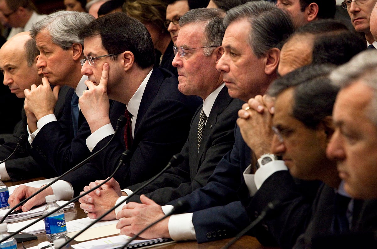 Chief executive officers from eight of the largest U.S. banks receiving government aid testify at a House Financial Services Committee hearing in Washington, D.C., U.S., on Feb. 11, 2009. (Photographer: Brendan Smialowski/Bloomberg)