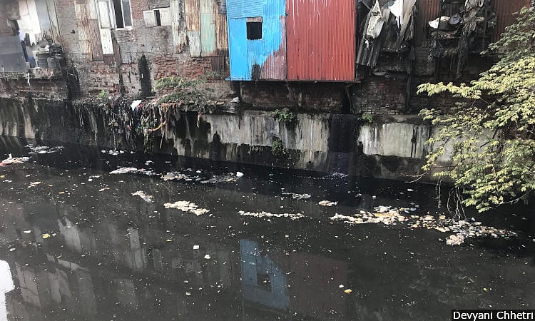 A nullah of water from Mithi river near 60 feet road, Dharavi, Mumbai.