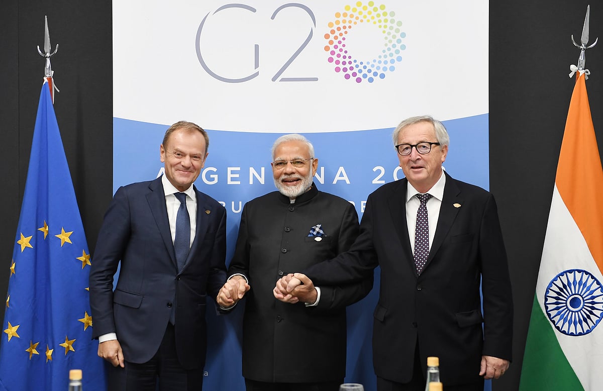 Prime Minister Narendra Modi meets the Jean-Claude Juncker and Donald Tusk, in Buenos Aires, on Dec. 1, 2018. (Photograph: PIB)