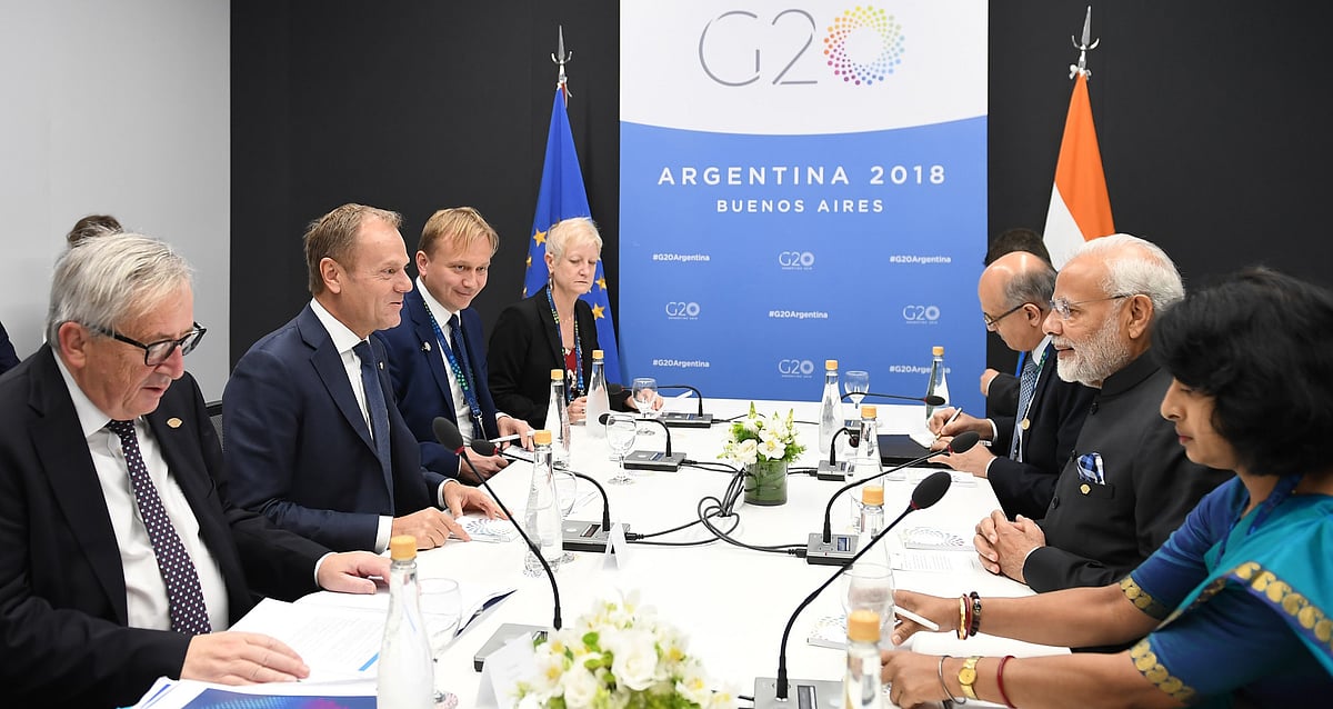 Prime Minister Narendra Modi meeting Jean-Claude Juncker and Donald Tusk, in Buenos Aires, Argentina on Dec. 1, 2018. (Photograph: PIB)