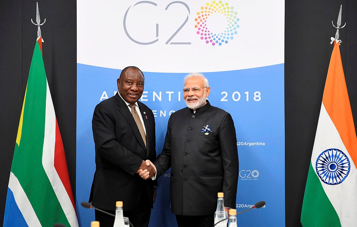 <div class="paragraphs"><p>(File Image) Prime Minister Narendra Modi  shakes hands with President of South Africa,  Cyril Ramaphosa, on the sidelines of the G20 Summit in 2018</p></div>