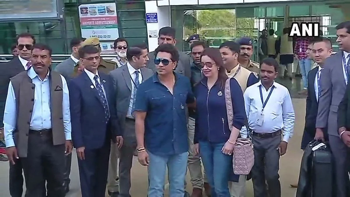 Former Indian cricketer Sachin Tendulkar and his wife Anjali Tendulkar arrive in Udaipur for the pre-wedding celebrations of Isha Ambani and Anand Piramal. (Photo: ANI)