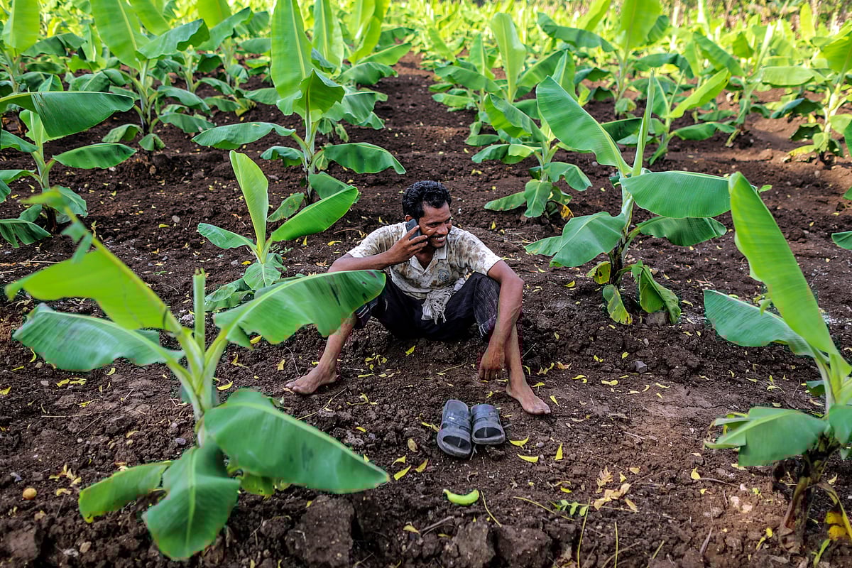 A farm worker talks on a mobile phone on a field in Bhusawal, Maharashtra. (Photographer: Dhiraj Singh/Bloomberg)