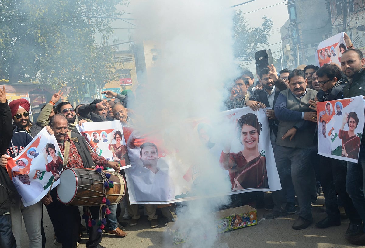 Congress workers celebrate the appointment of Priyanka Gandhi as AICC General Secretary, in Jammu, on Jan 24, 2019. (Photograph: PTI)