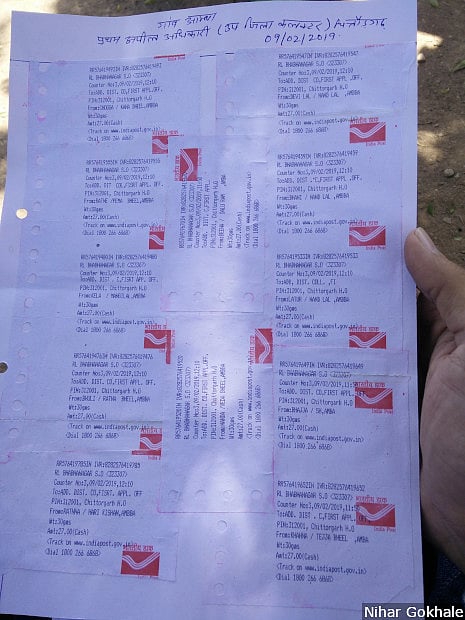 Postal receipts of the right-to-information requests filed by the Bhils of Rawatbhata block in Rajasthan’s Chittorgarh to track their claims under the Forest Rights Act. &nbsp;