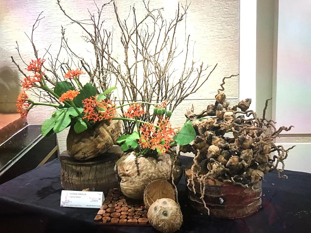 An Ikebana arrangement made with coconuts by Harsha Hinduja. 