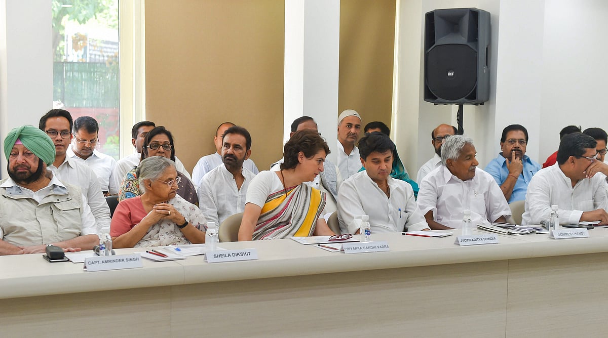 Amarinder Singh, Sheila Dikshit, Priyanka Gandhi, Jyotiraditya Scindia, Oommen Chandy, and Mukul Wasnik, at a Congress Working Committee meeting in New Delhi, on May 25, 2019. (Photograph: PTI)