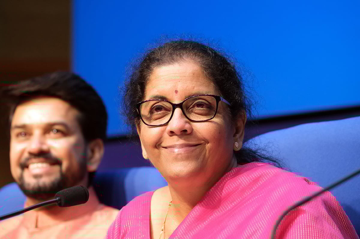Nirmala Sitharaman, India’s finance minister, reacts during a news conference in New Delhi. (Photographer: T. Narayan/Bloomberg)
