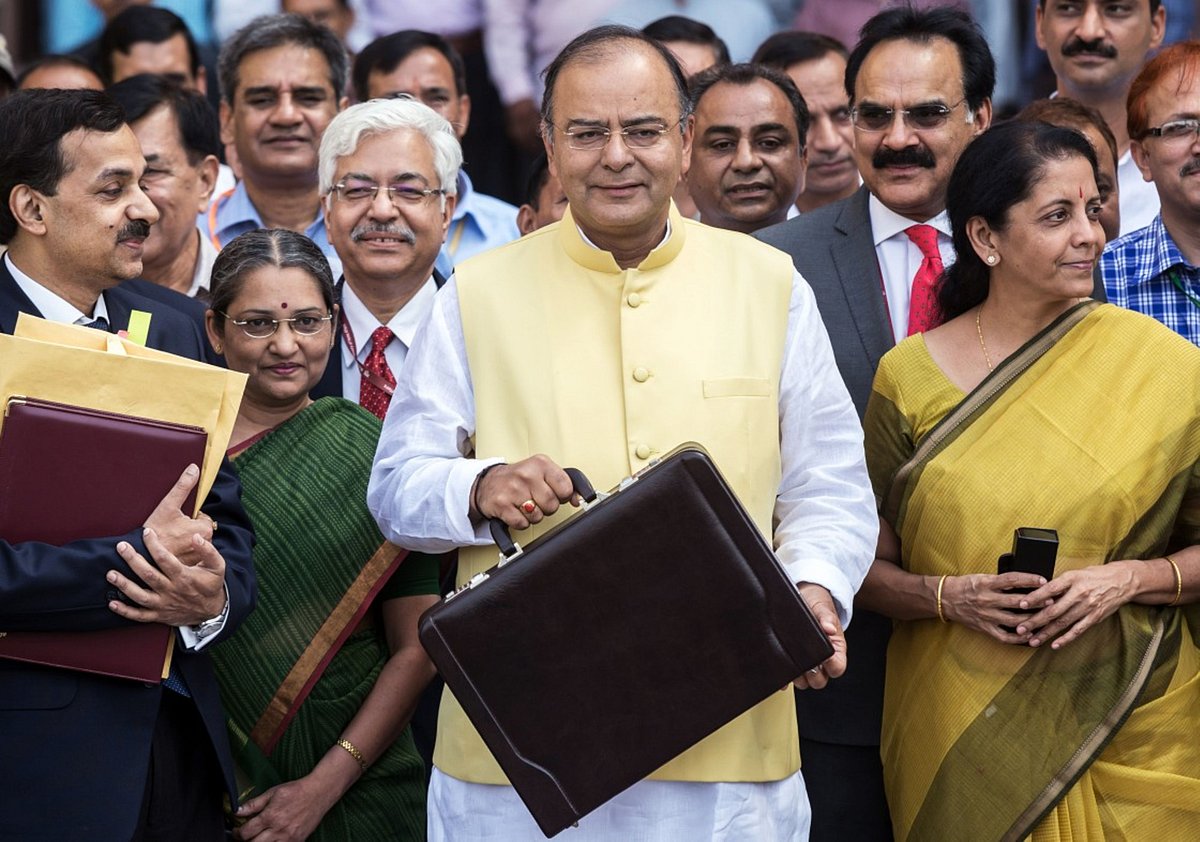 Arun Jaitley before delivering his first budget speech in the Narendra Modi government. (Photographer: Graham Crouch/Bloomberg)