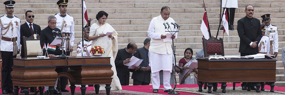 Arun Jaitley being sworn in as a union cabinet minister on May 26, 2014. (Photographer: Udit Kulshrestha/Bloomberg)