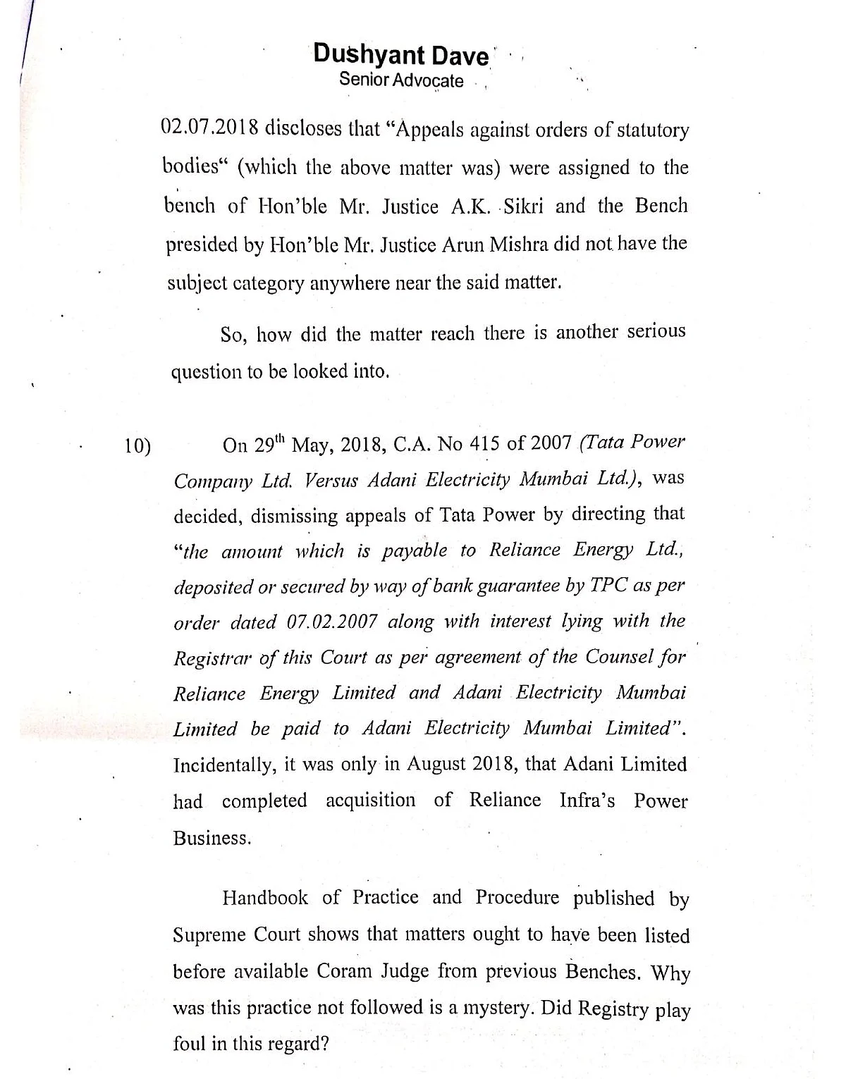 Dushyant Dave Alleges Procedural Violations In Hearing Adani Group Cases In Letter To Supreme Court Chief Justice Gogoi