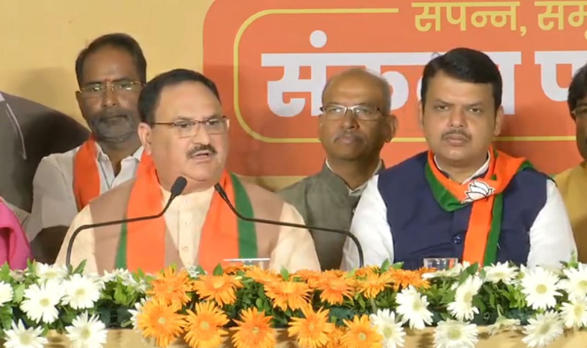 BJP Working President JP Nadda and Maharashtra Chief Minister Devendra Fadnavis at the release of the BJP manifesto for 2019 Maharashtra elections in Mumbai on Tuesday. (Photo: PTI)