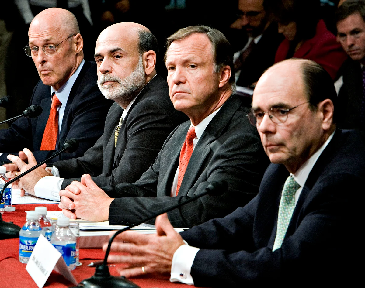 U.S. Treasury Secretary Henry Paulson, Fed Chairman Ben Bernanke, SEC Chairman Christopher Cox, and FHFA Director James Lockhart, before the Senate Banking Committee in Washington, D.C., on Sept. 23, 2008. (Photographer: Joshua Roberts/Bloomberg News)