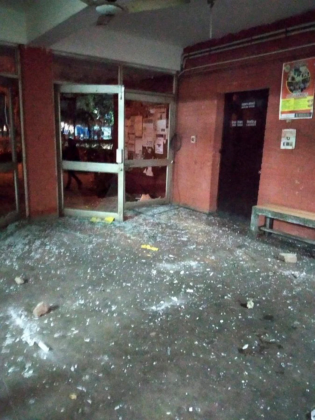 TWITTER IMAGE RELEASED BY @JNUSUofficial , JAN. 5, 2020. New Delhi: A view of vandalized JNU campus, New Delhi, Sunday. (Via PTI)