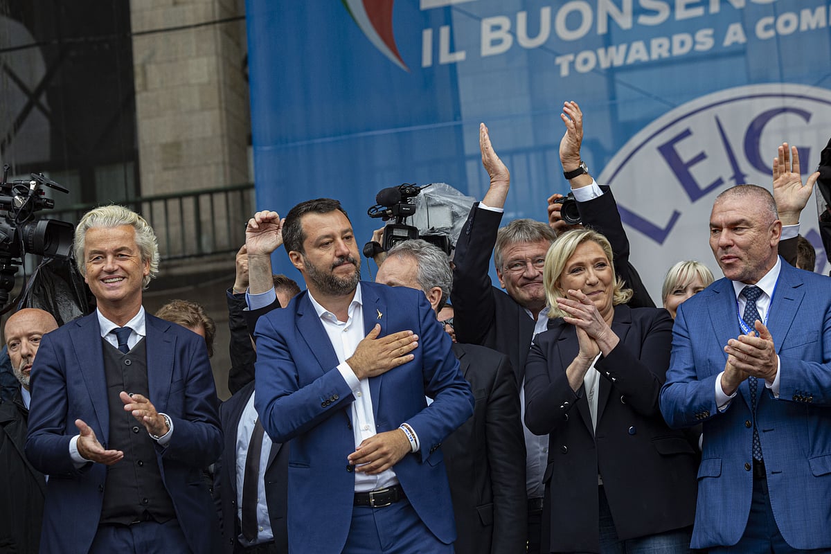 Geert Wilders of the Dutch Freedom Party, Matteo Salvini of Italy’s Northern League, Joerg Meuthen, of Alternative for Germany, and Marine Le Pen, leader of the French National Rally party, in Milan, on May 18, 2019. (Photographer: Francesca Volpi/Bloomberg)