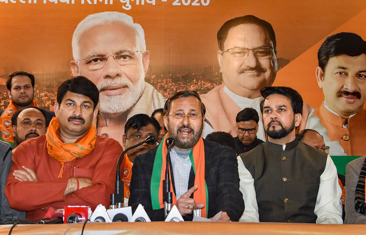 BJP’s Manoj Tiwari, Prakash Jawadekar, and Anurag Thakur, in New Delhi, on Feb. 3, 2020. (Photograph: PTI)