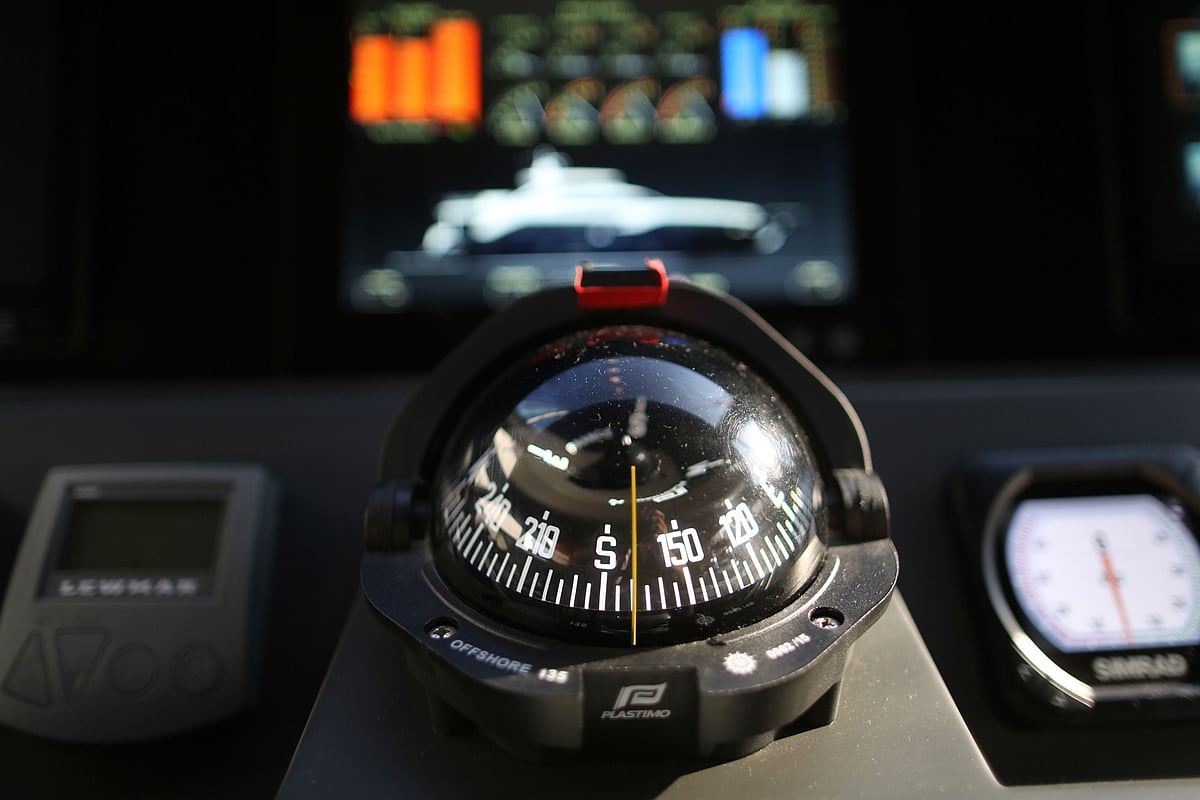 A marine compass sits in the cabin of a luxury motor boat. (Photographer: Chris Ratcliffe/Bloomberg)