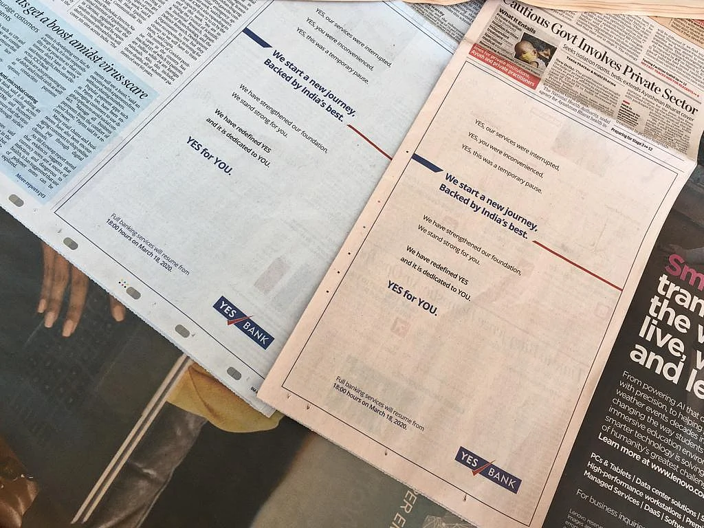 Newspaper advertisements by Yes Bank ahead of its moratorium being lifted on March 18. (Source: BloombergQuint)