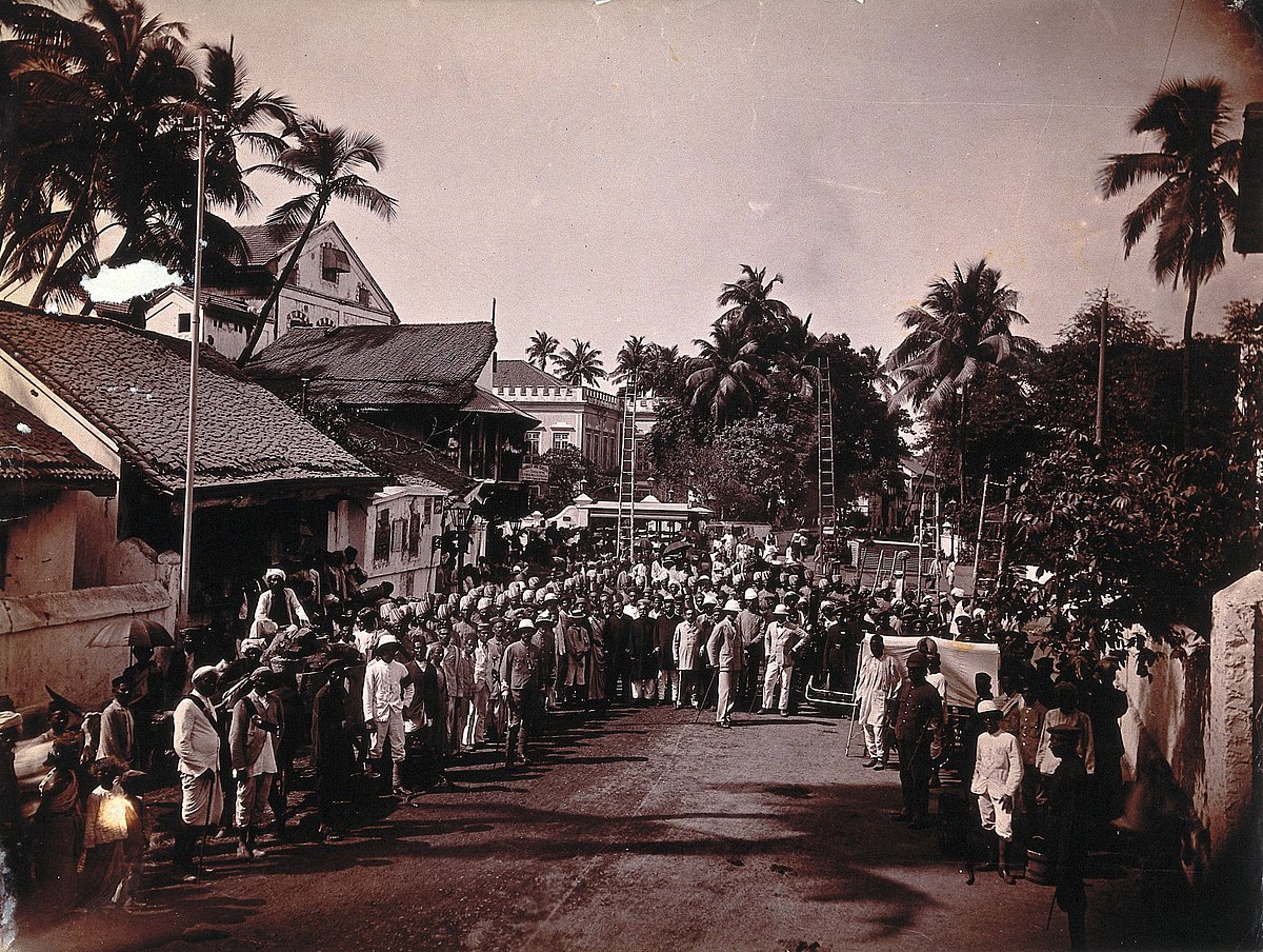 A group comprising doctors, health and public officials gathered on a street in Bombay during an outbreak of plague, in 1896/1897. (Credit: <a href="https://wellcomecollection.org/works/r4rrknqq">Wellcome Collection</a>)