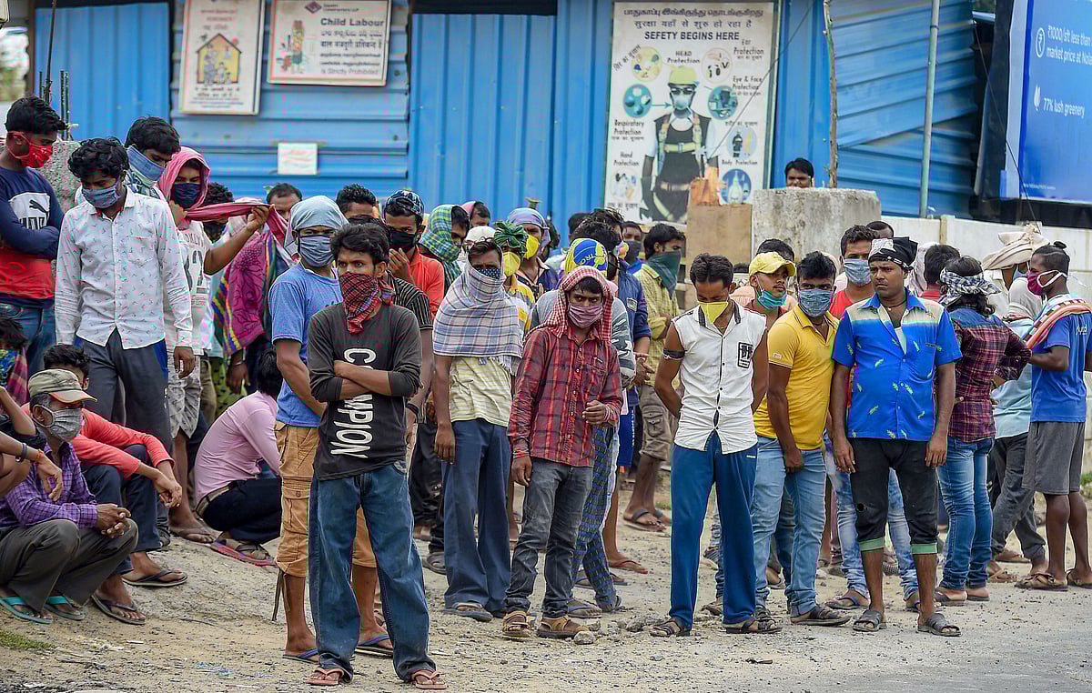 Migrant labourers stage a protest  in Chennai, on May 2, 2020. (Photograph: PTI)