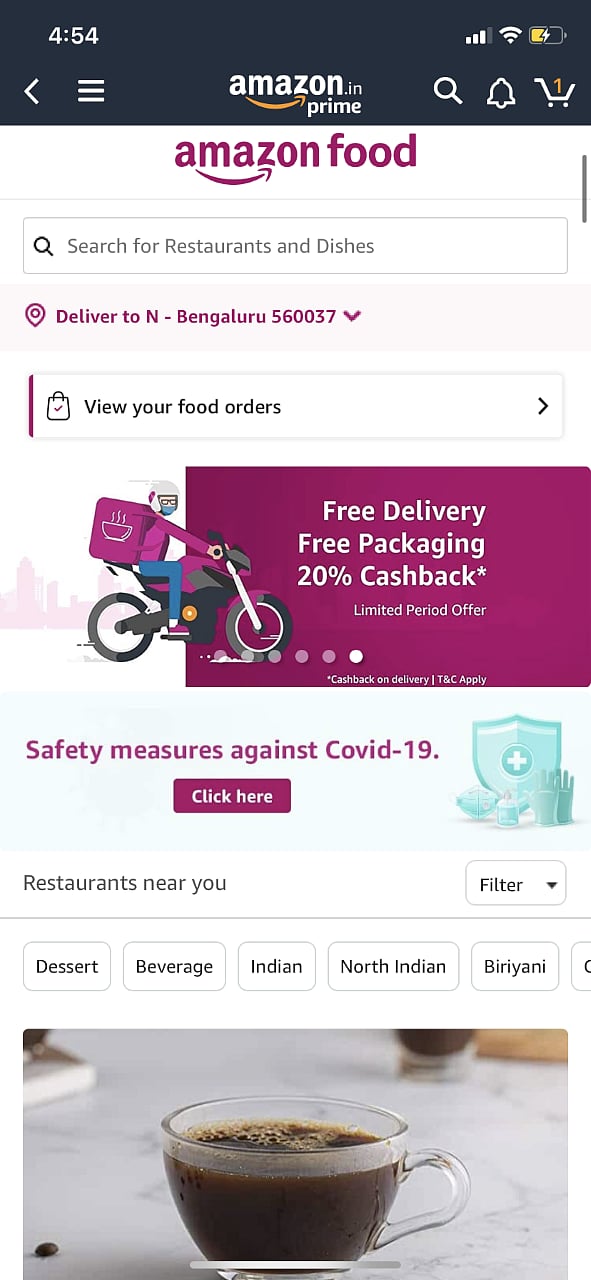 A screenshot of Amazon Food service on the Amazon India mobile app.