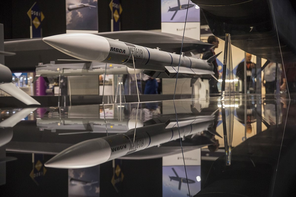 An MBDA Meteor missile sits on display at the MBDA Inc. stand during the Defence & Security Equipment International exhibition at the ExCel Centre in London, U.K. (Photographer: Simon Dawson/Bloomberg)
