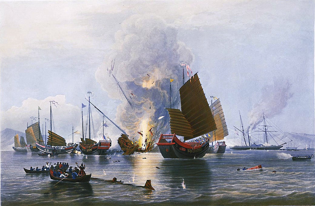 An engagement in the First Opium War, showing the ‘Nemesis’ attacking a fleet of Chinese war junks in the middle ground, on Jan 17, 1841. (Image: British National Army Museum/MIT)