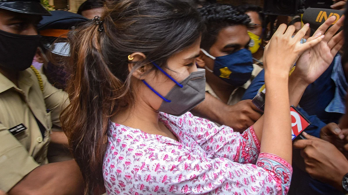 Rhea Chakraborty outside the NCB office, at Ballard Estate, in Mumbai. (Photograph: PTI)